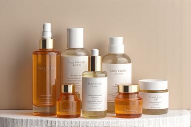 Esthetisch geplaatste glazen cosmetica potten en flessen.